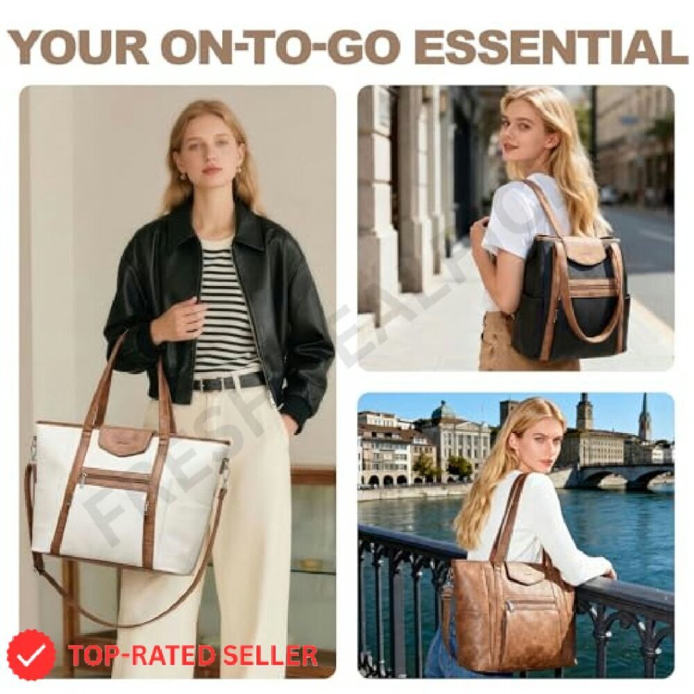 Convertible Leather Laptop Bag Elegant Retro Chic Work Travel Tote Backpack - Picture 3 of 8